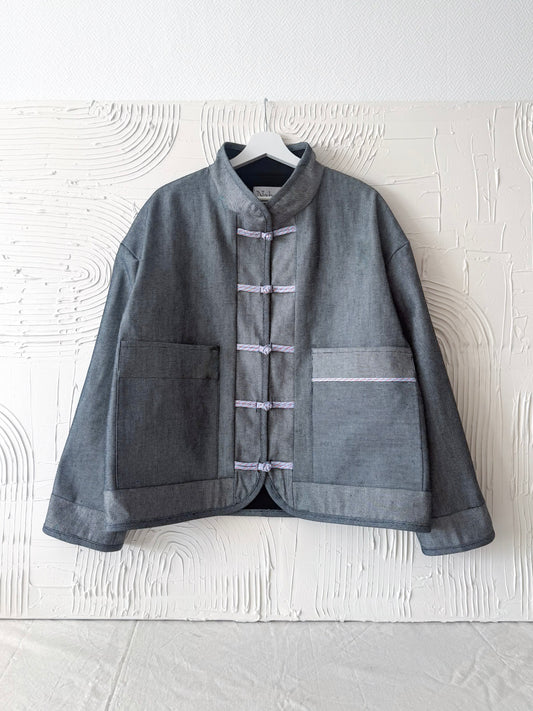 Veste en jean à boutons chinois - Gris