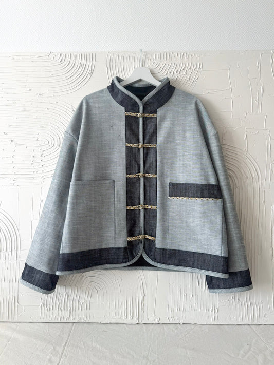 Veste en jean à boutons chinois - Bleu de Chine