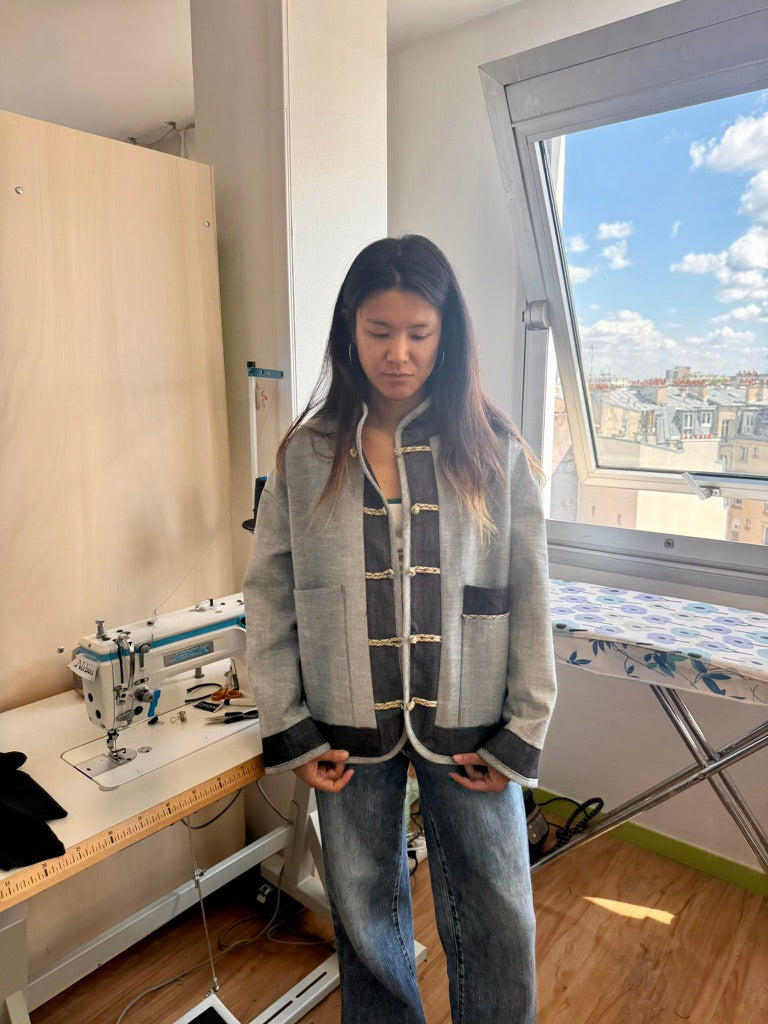 Veste en jean à boutons chinois - Bleu de Chine