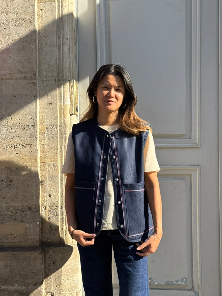 Embroidered sleeveless jacket - Blue denim and blue embroidery