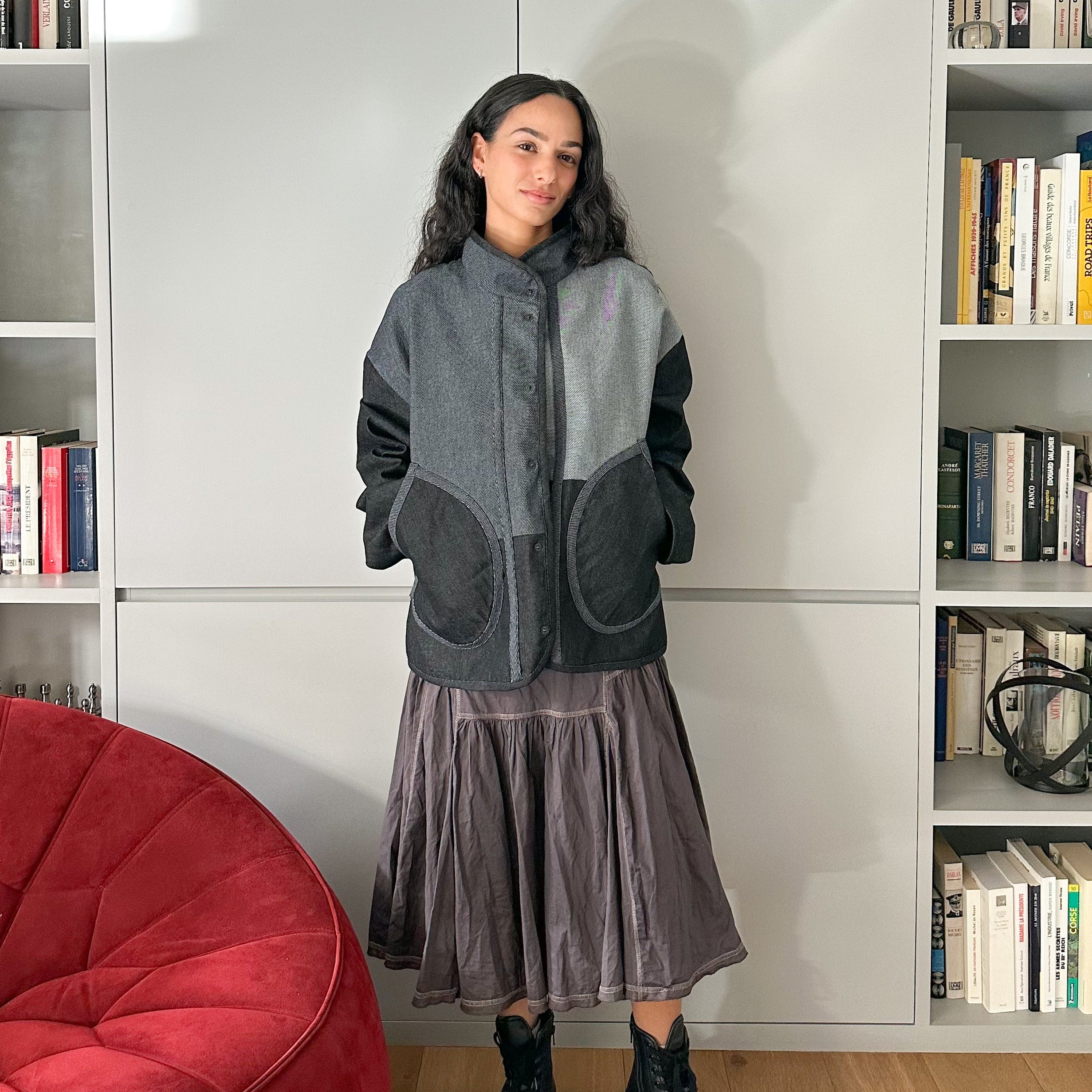 veste en jean patchwork à poches rondes femme