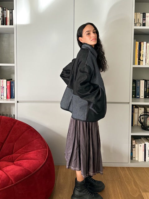 Veste en jean à poches rondes patchwork femme