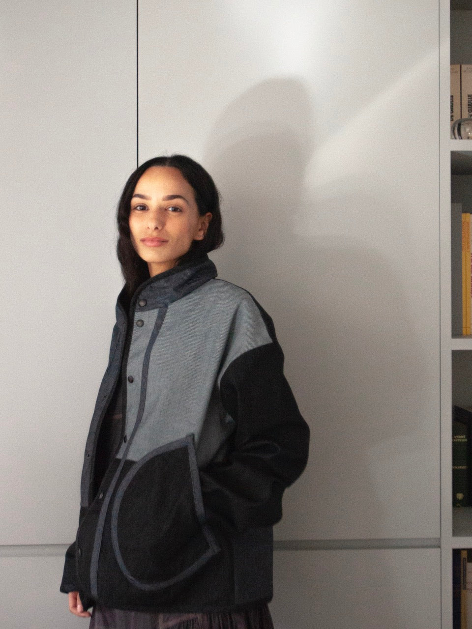 veste patchwork en jean gris femme