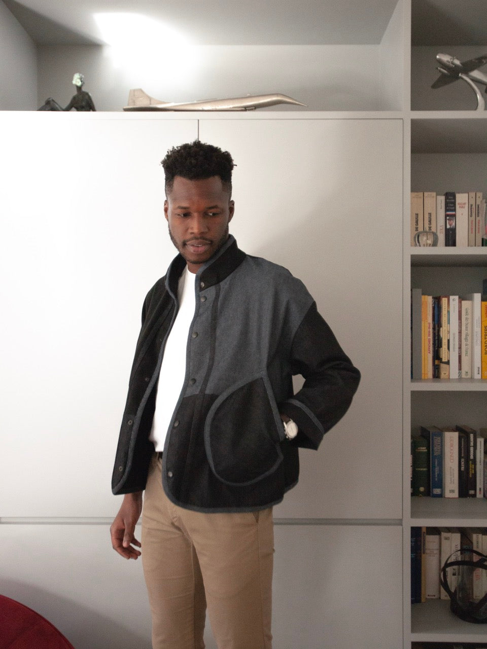 veste patchwork poches rondes jean noir